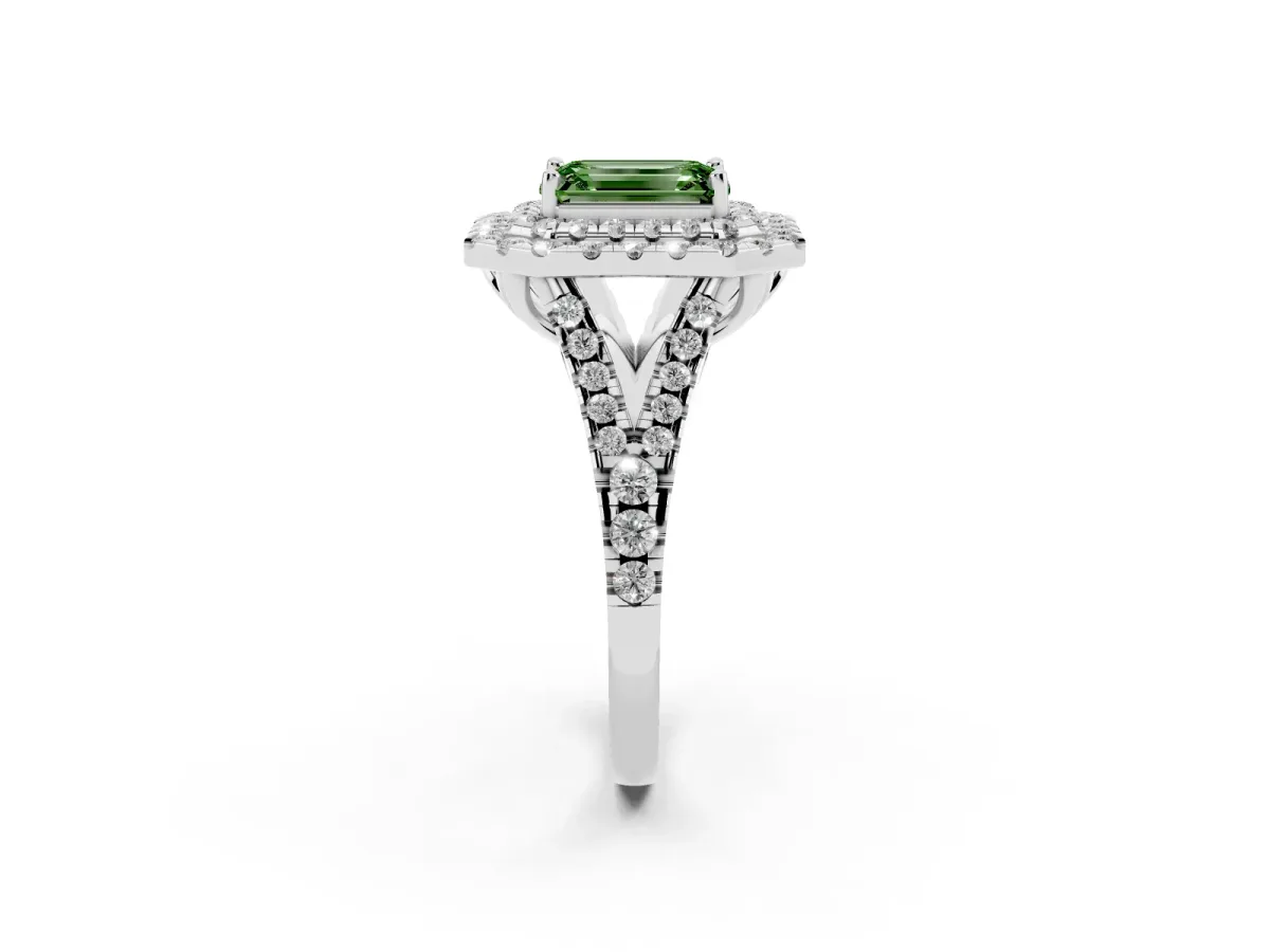 Fancy Green Double Halo Emerald Cut Diamond Pavé Split Shank Ring with Prong Setting White gold