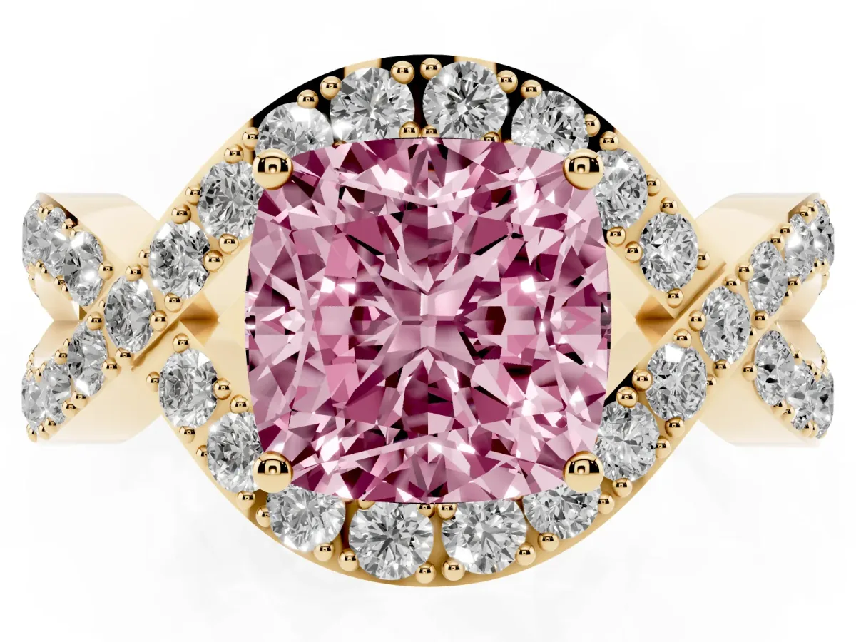 Fancy Pink Cushion Cut Solitaire Twist Band Pavé Diamond Engagement Ring Yellow gold