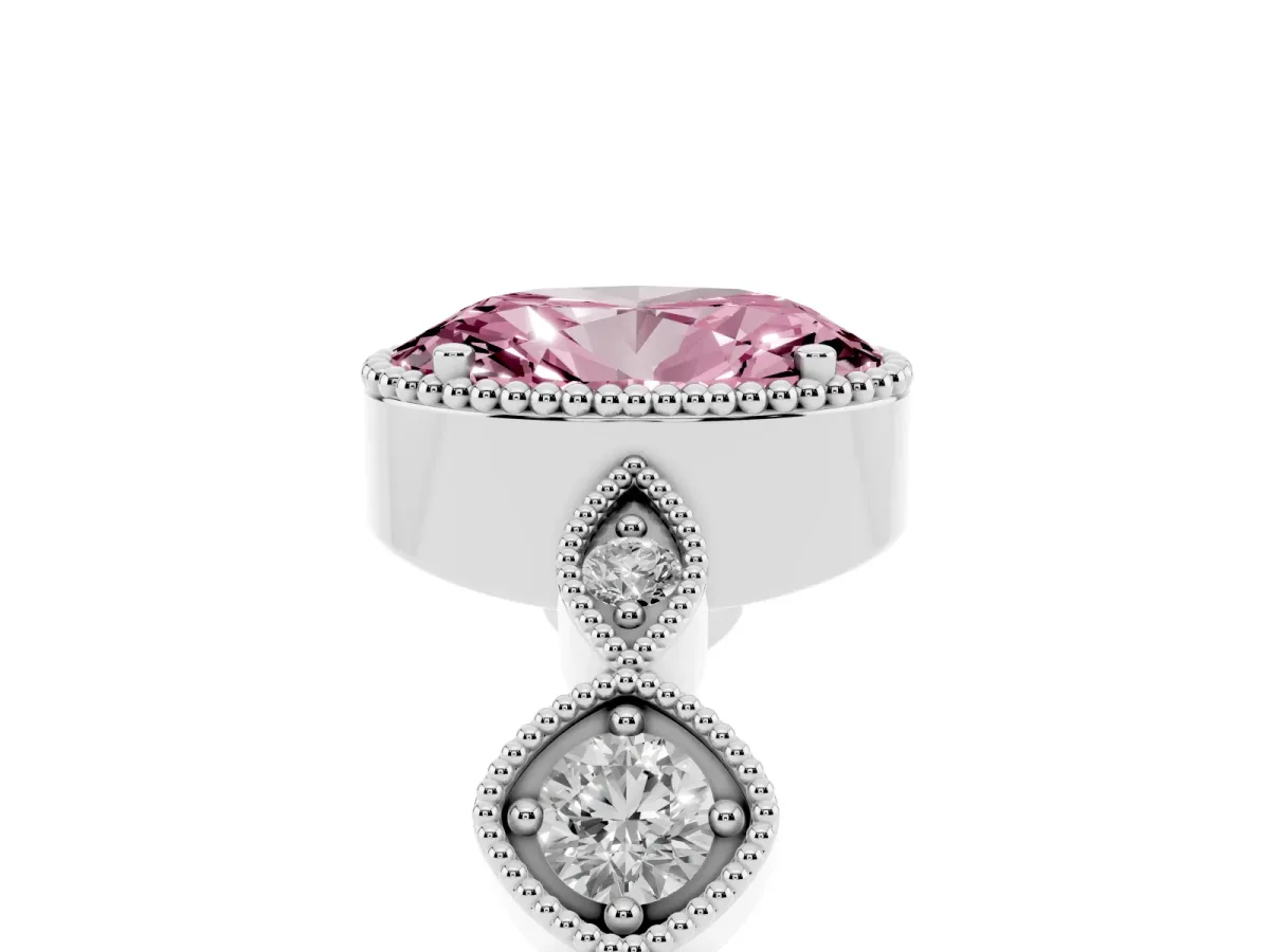 Fancy Pink Oval Cut Diamond Vintage Milgrain Ring with Round Stations Silver