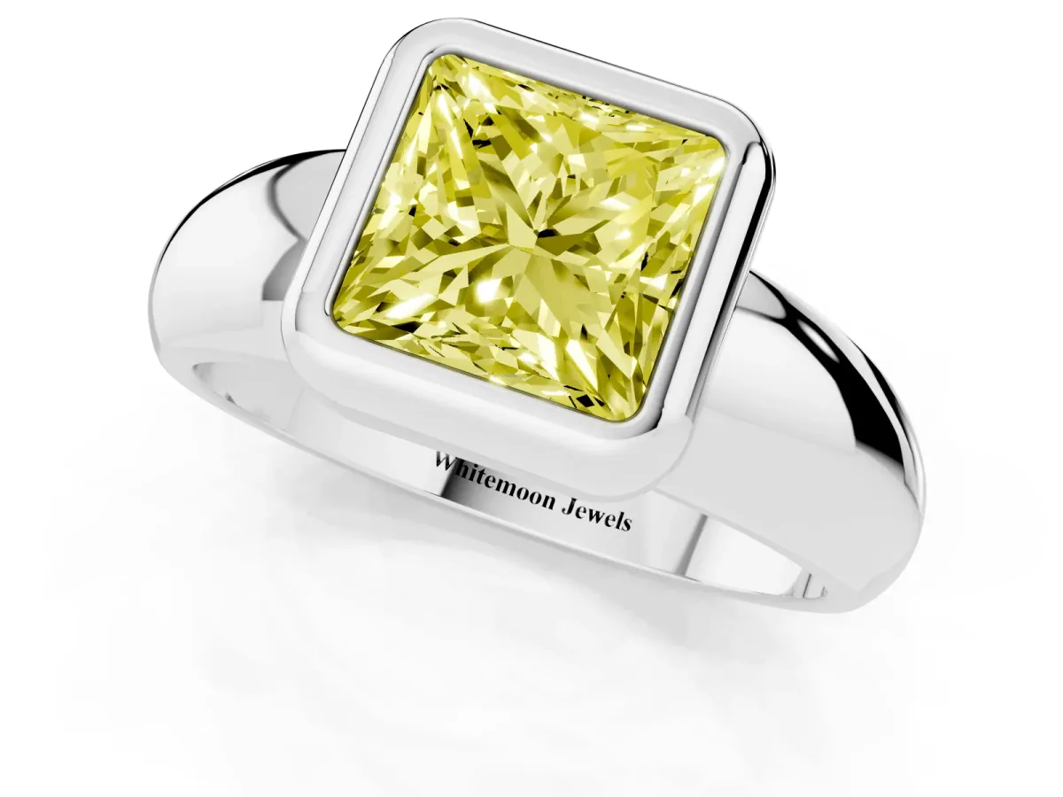 Fancy Yellow Bezel Set Princess Cut Solitaire Ring with Wide Band Silver