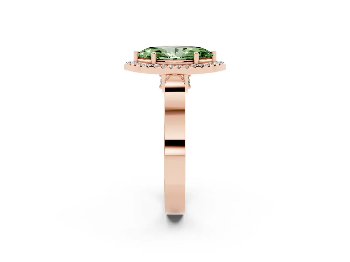 Fancy Green Marquise Cut Halo Round Diamond Twist Band with Four-Prong Setting Rose gold