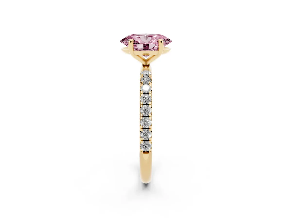 Fancy Pink Oval Cut Cut Diamond Solitaire Ring with Micro Pave Band and Four Prong Setting Yellow gold