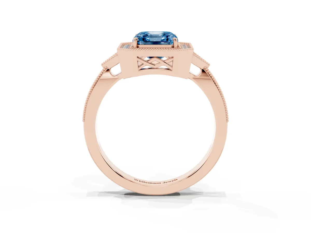 Fancy Blue Asscher Cut Halo Round Diamond Milgrain Pave Engagement Ring Rose gold