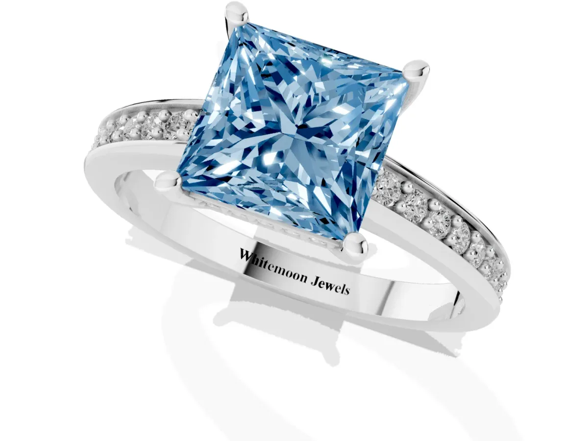 Fancy Blue Princess Cut Solitaire Pavé Band Prong Setting Ring Silver