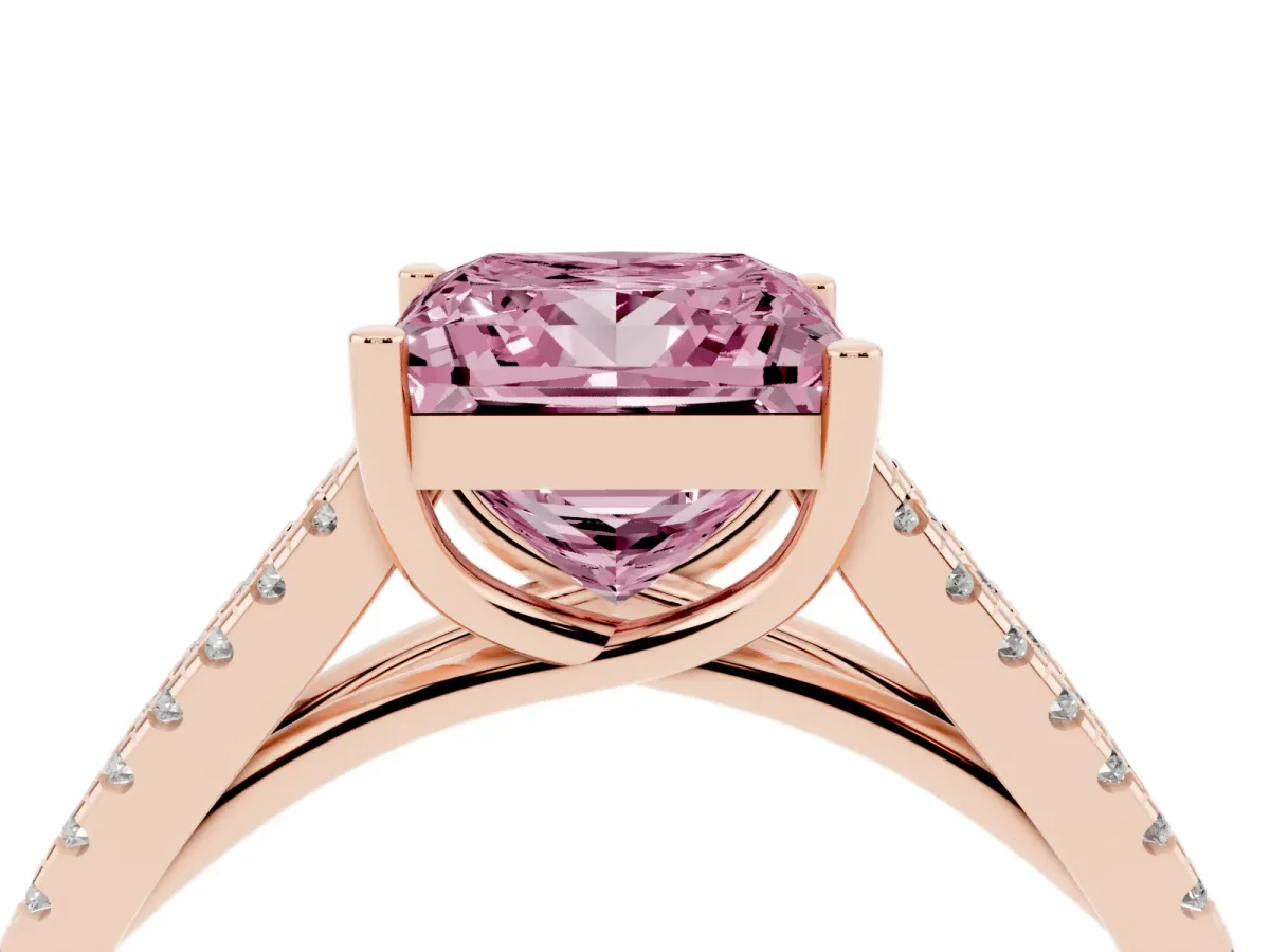Fancy Pink Princess Cut Diamond Solitaire Engagement Ring with Split Shank Pavé Band Rose gold