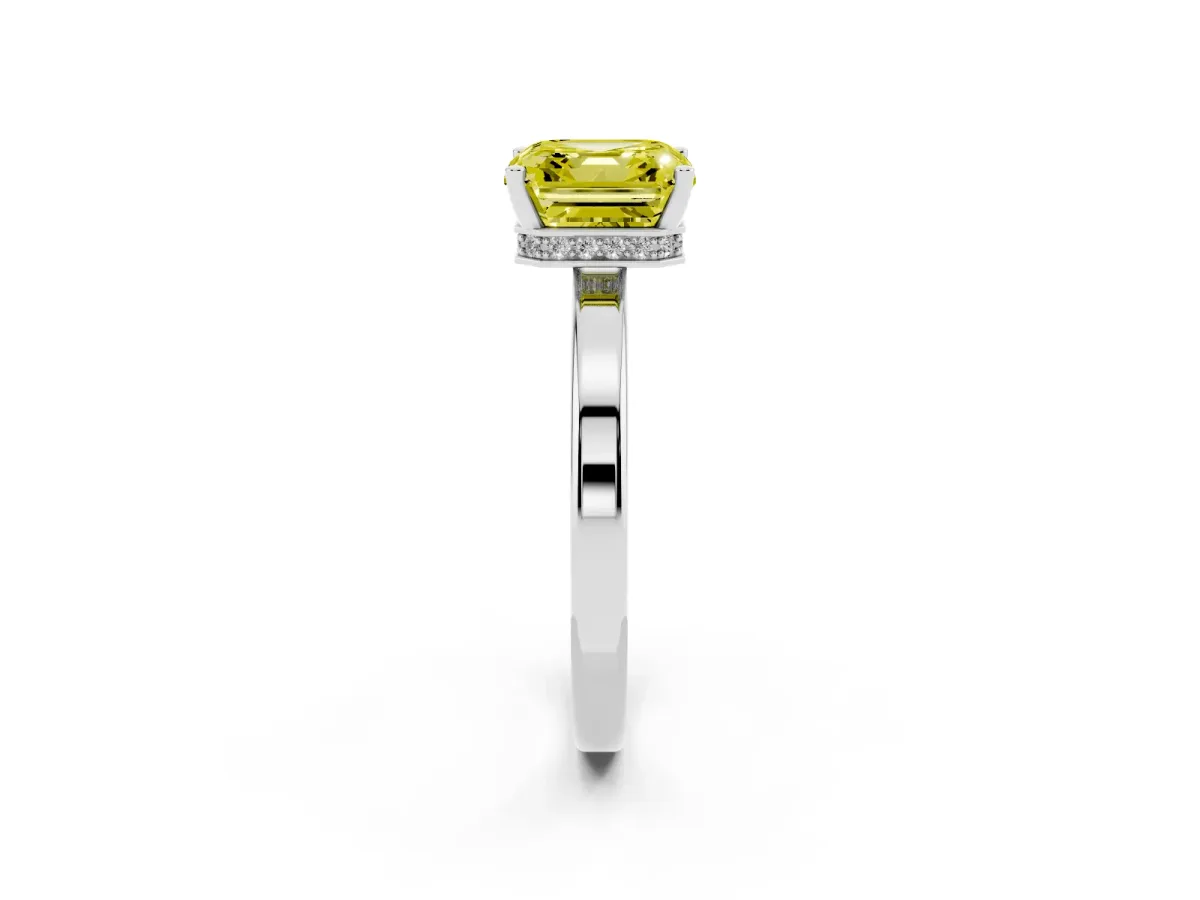 Fancy Yellow Asscher Cut Cut Solitaire Engagement Ring with Four-Prong Setting on a Classic Band Platinum