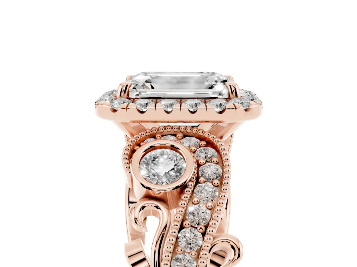 Emerald Cut Diamond Halo Ring with Milgrain Pavé Band and Four-Prong Setting Rose gold