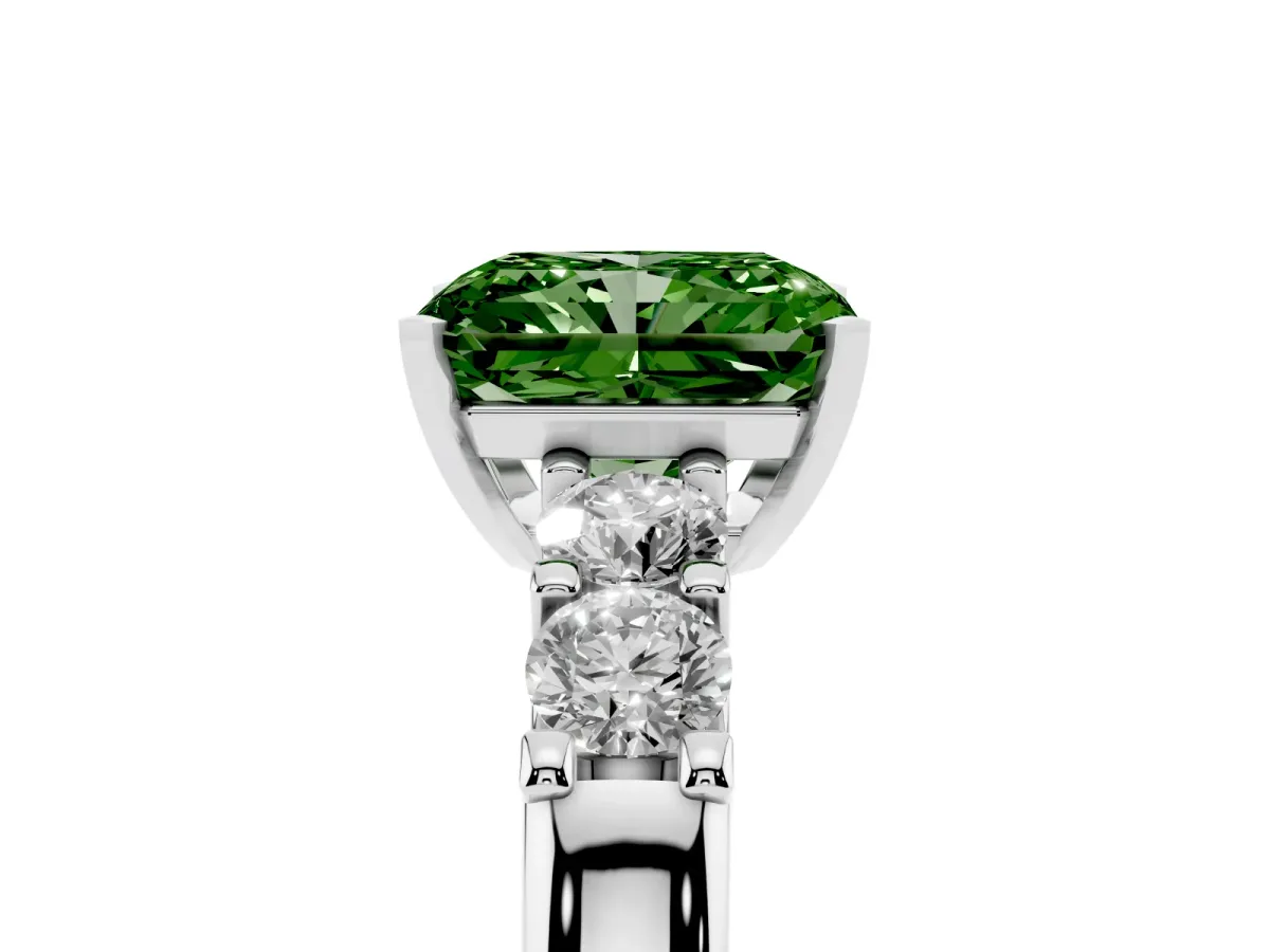 Fancy Green Radiant Cut Brilliant Cut Diamond Five-Stone Prong Set Engagement Ring with Channel Band Platinum