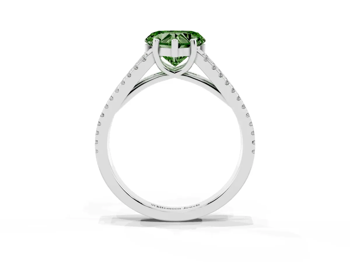Fancy Green Heart Cut Diamond Solitaire Engagement Ring with Split Shank Pavé Band Silver