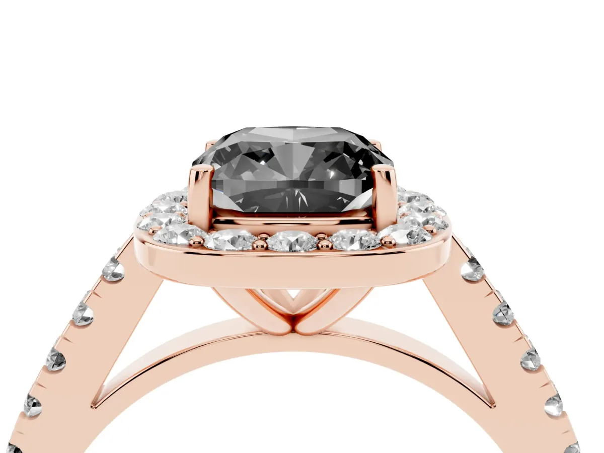Fancy Black Cushion Cut Diamond Halo Ring with Round Pavé Split Shank and Prong Setting Rose gold