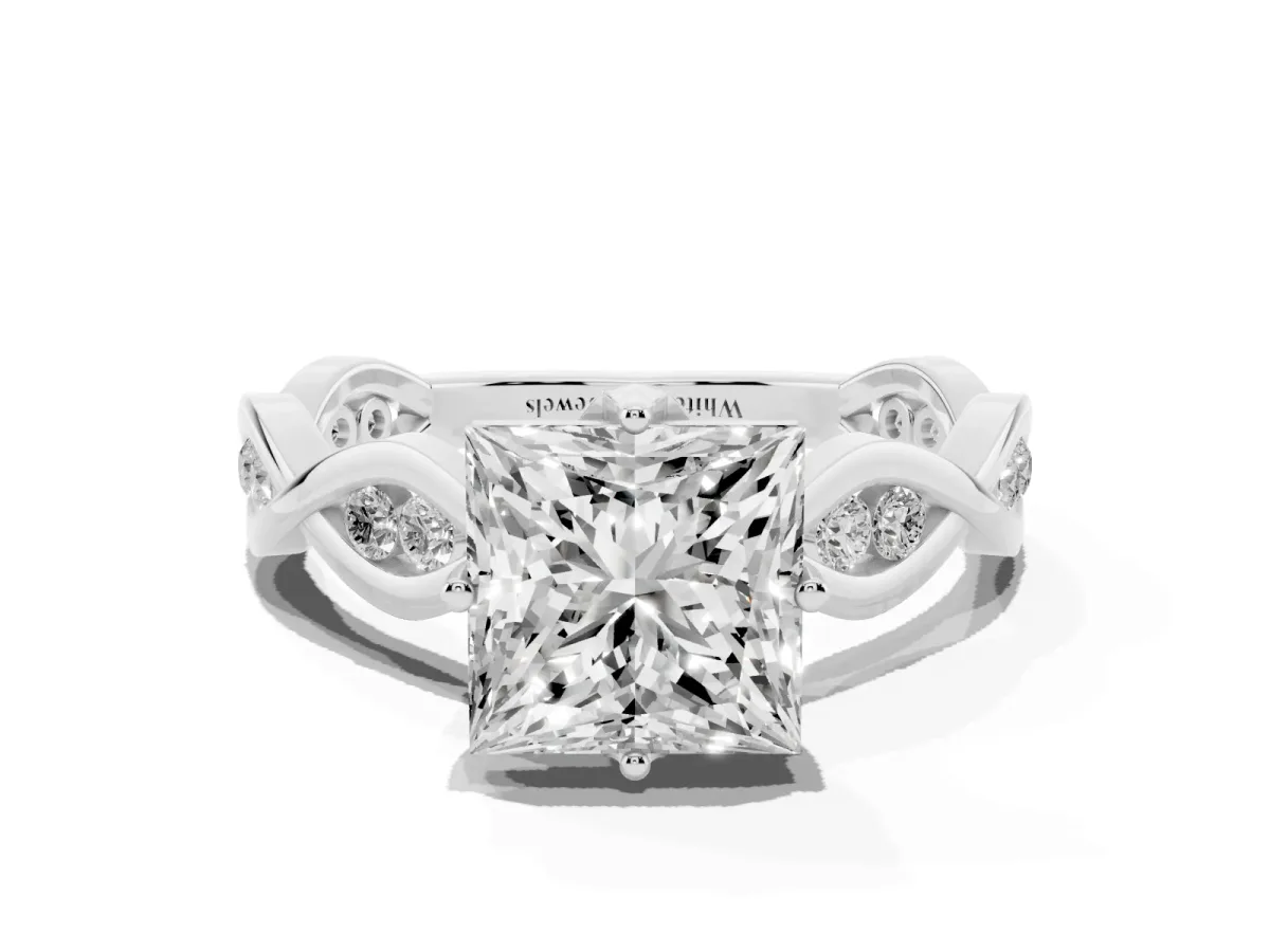 Princess Cut Solitaire Twist Band with Leaf Prong Setting White gold