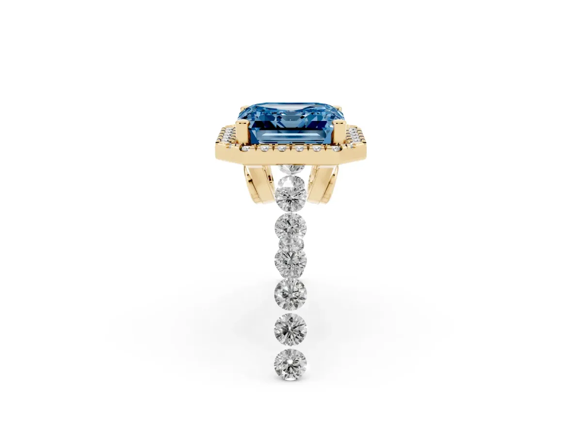 Fancy Blue Asscher Cut Halo Pavé Diamond Engagement Ring with Four-Prong Setting Yellow gold