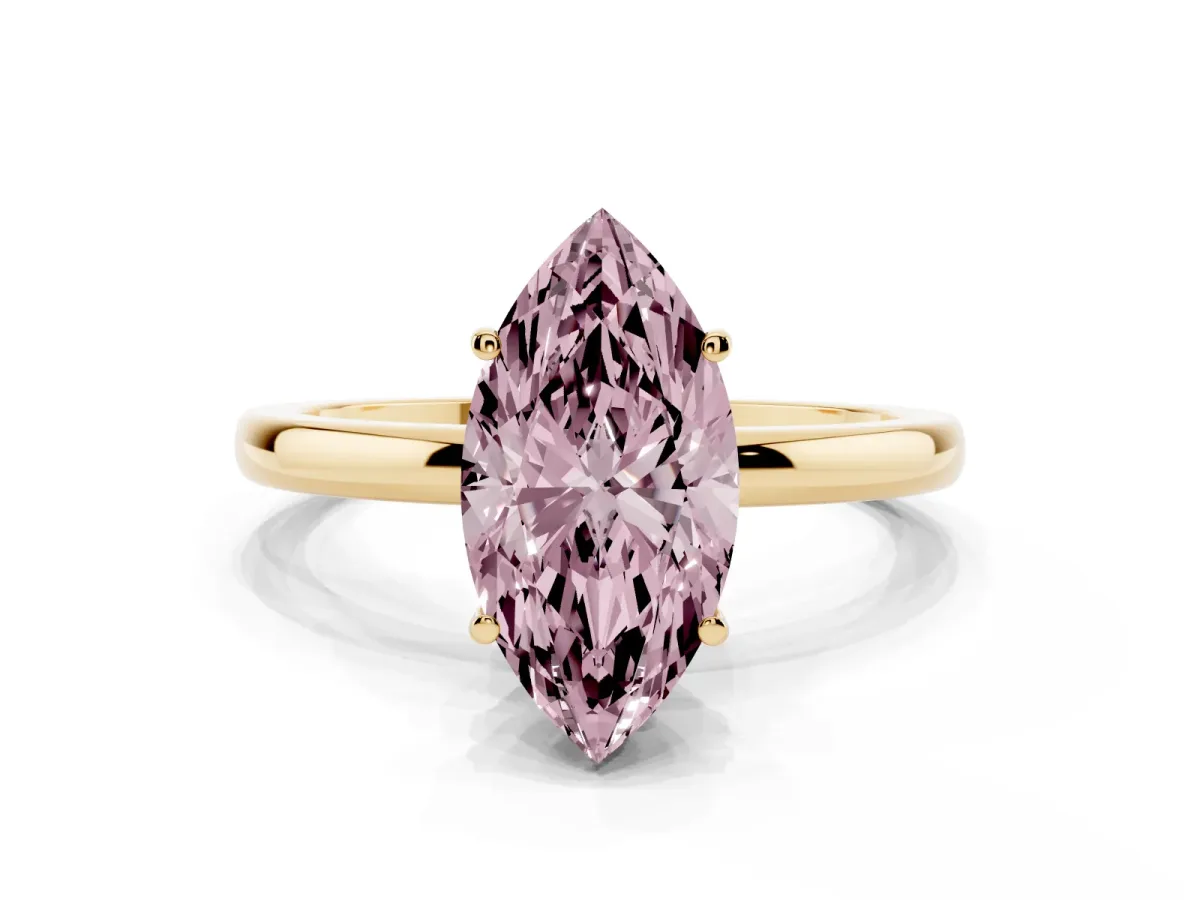 Fancy Pink Marquise Cut Solitaire Diamond Ring with Prong Setting and Plain Band Yellow gold