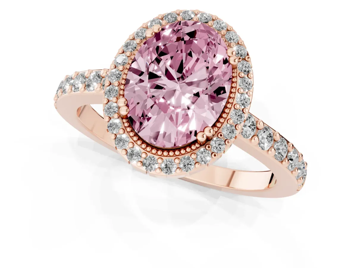 Fancy Pink Oval Cut Cut Diamond Halo Engagement Ring with Milgrain Detail and Pavé Band Rose gold