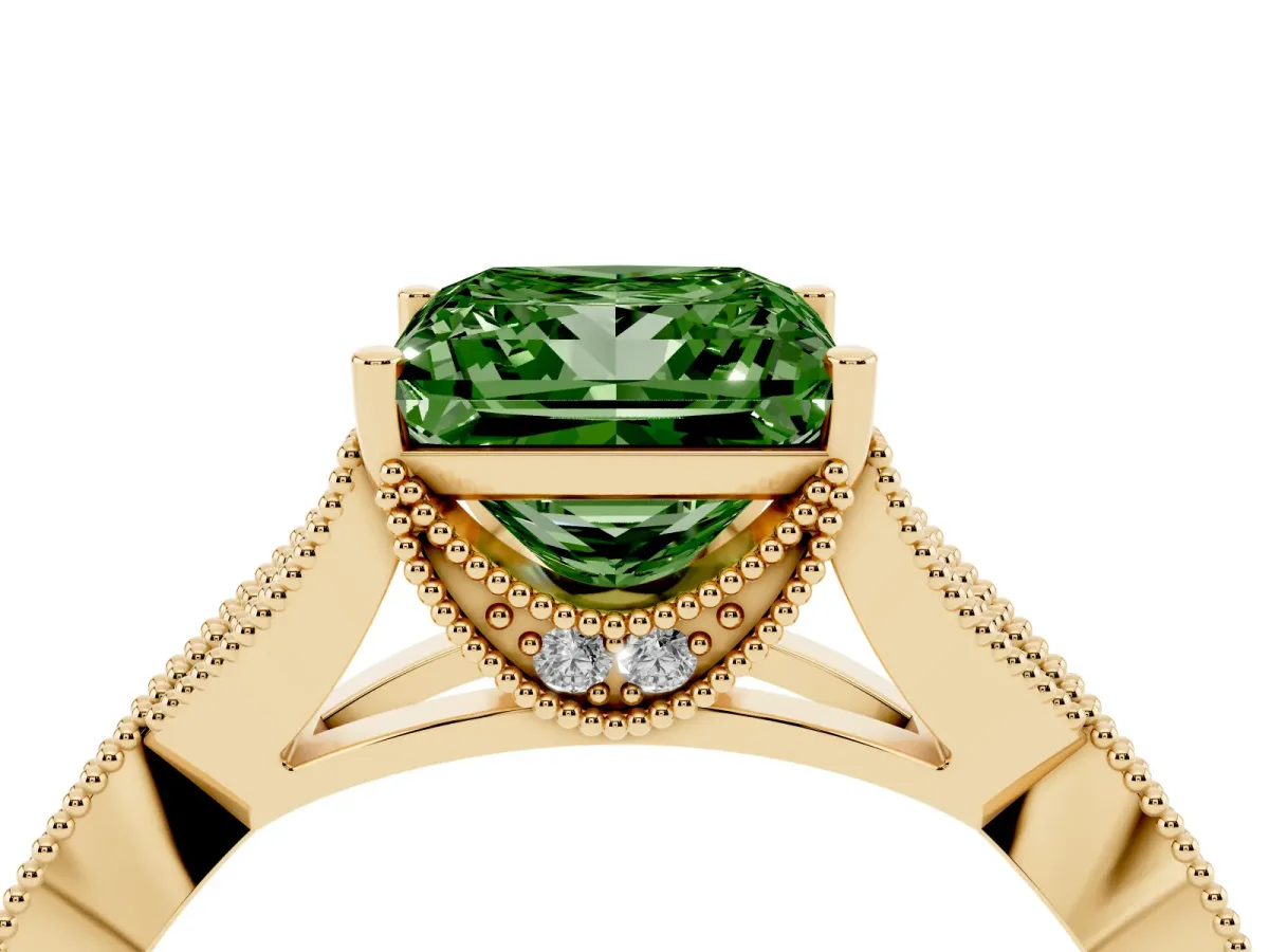 Fancy Green Princess Cut Cut Diamond Twisted Band with Milgrain Pave Setting and Four-Prong Setting Yellow gold