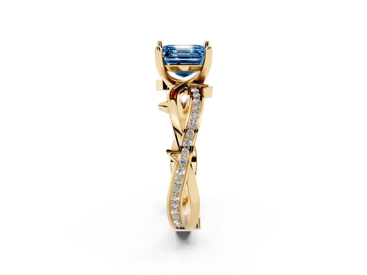 Fancy Blue Asscher Cut Solitaire Twist Band with Pavé Accents and Four-Prong Setting Yellow gold