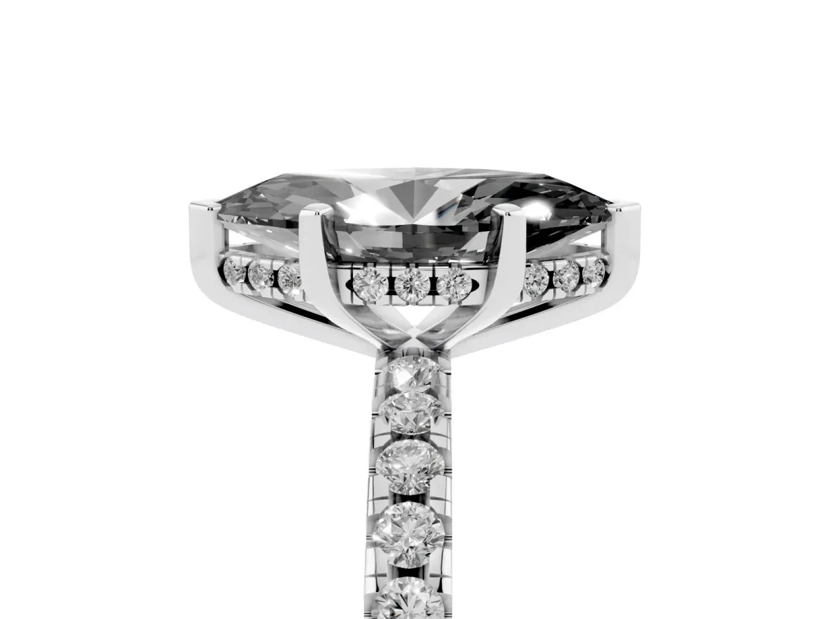 Fancy Black Marquise Cut Diamond Solitaire Ring with Round Pavé Band and Four-Prong Setting Silver