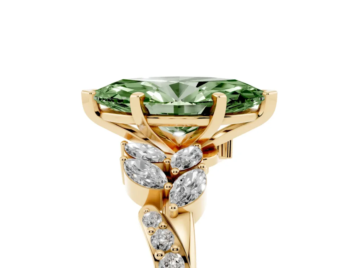 Fancy Green Marquise Cut Solitaire Marquise Twist Band with Six-Prong Setting Yellow gold