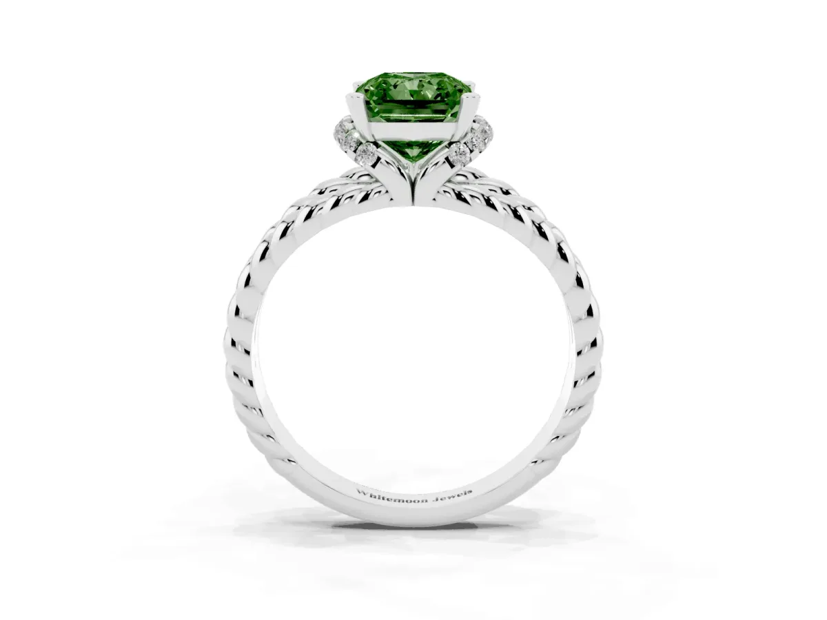 Fancy Green Radiant Cut Halo Twisted Band Four-Prong Ring Platinum