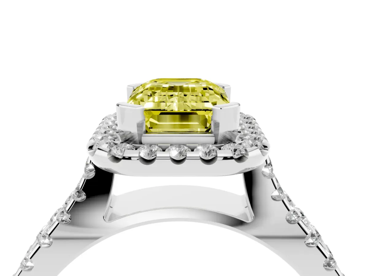 Fancy Yellow Emerald Cut Diamond Halo Ring with Split Shank Pavé Band and Prong Setting Silver