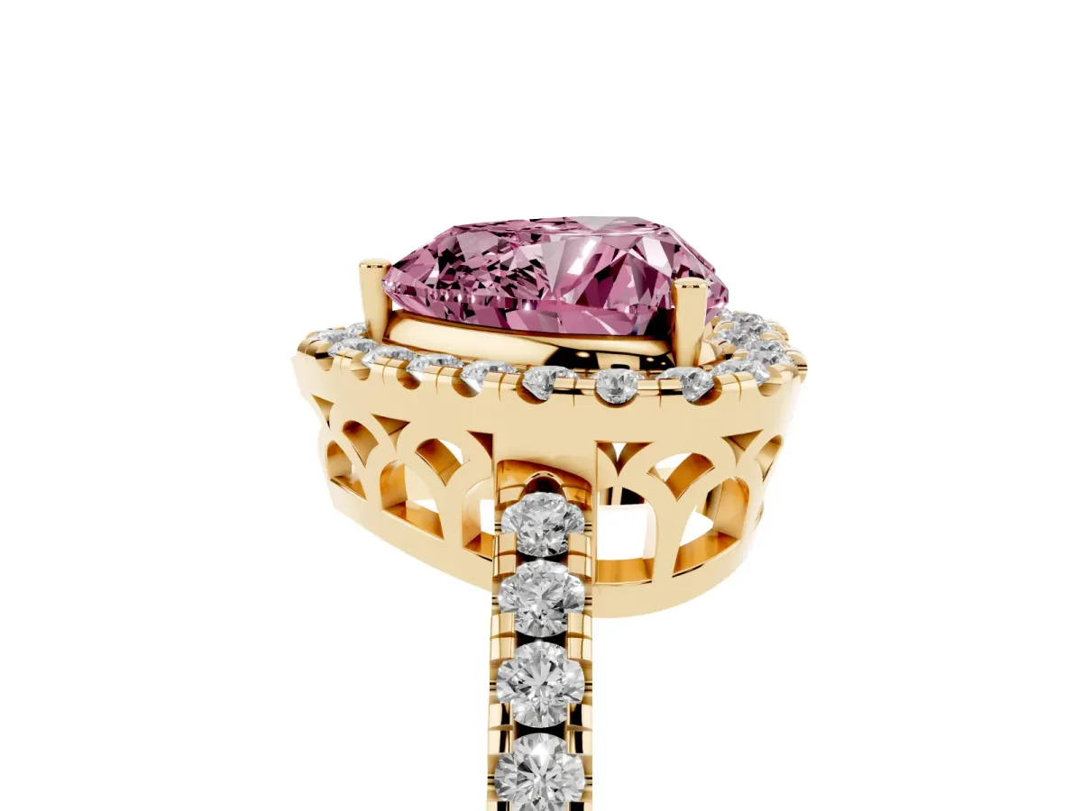 Fancy Pink Heart Cut Halo Diamond Engagement Ring with Pavé Band and Four-Prong Setting Yellow gold