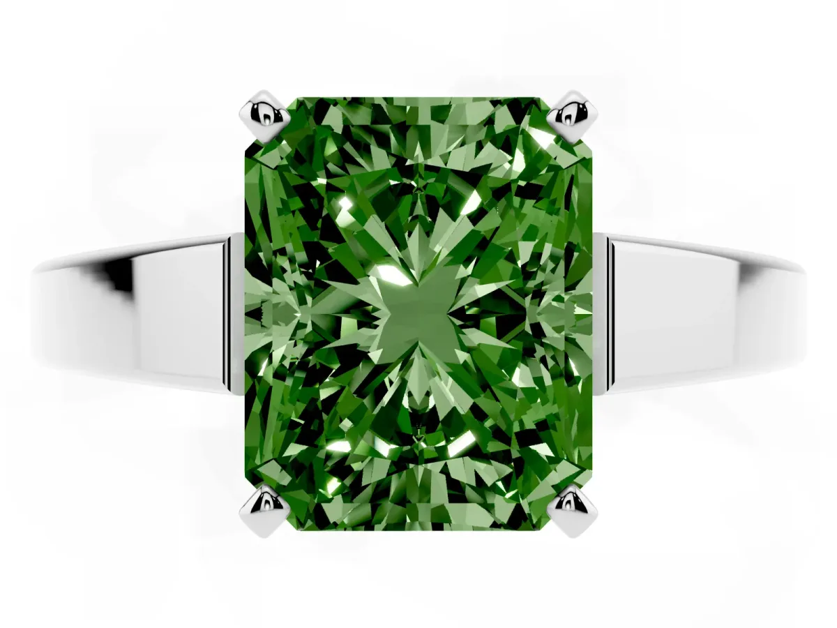 Fancy Green Radiant Cut Solitaire Engagement Ring with Four-Prong Setting and Tapered Band Platinum