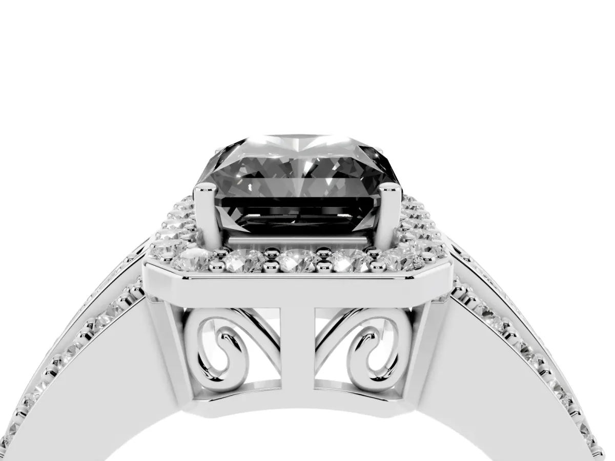Fancy Black Radiant Cut Halo Diamond Ring with Round Split Shank and Prong Setting Silver