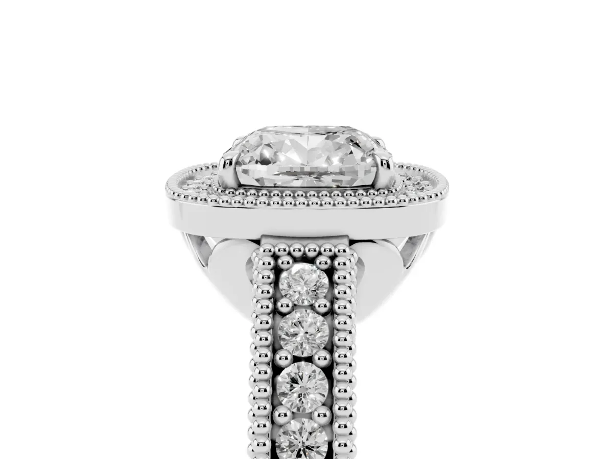 Cushion Cut Cut Halo Diamond Ring with Pavé Band and Four-Prong Setting Silver