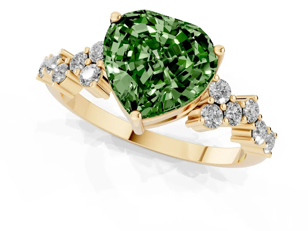 Fancy Green Heart Cut Diamond Scattered Round Accent Ring with Prong Setting Yellow gold