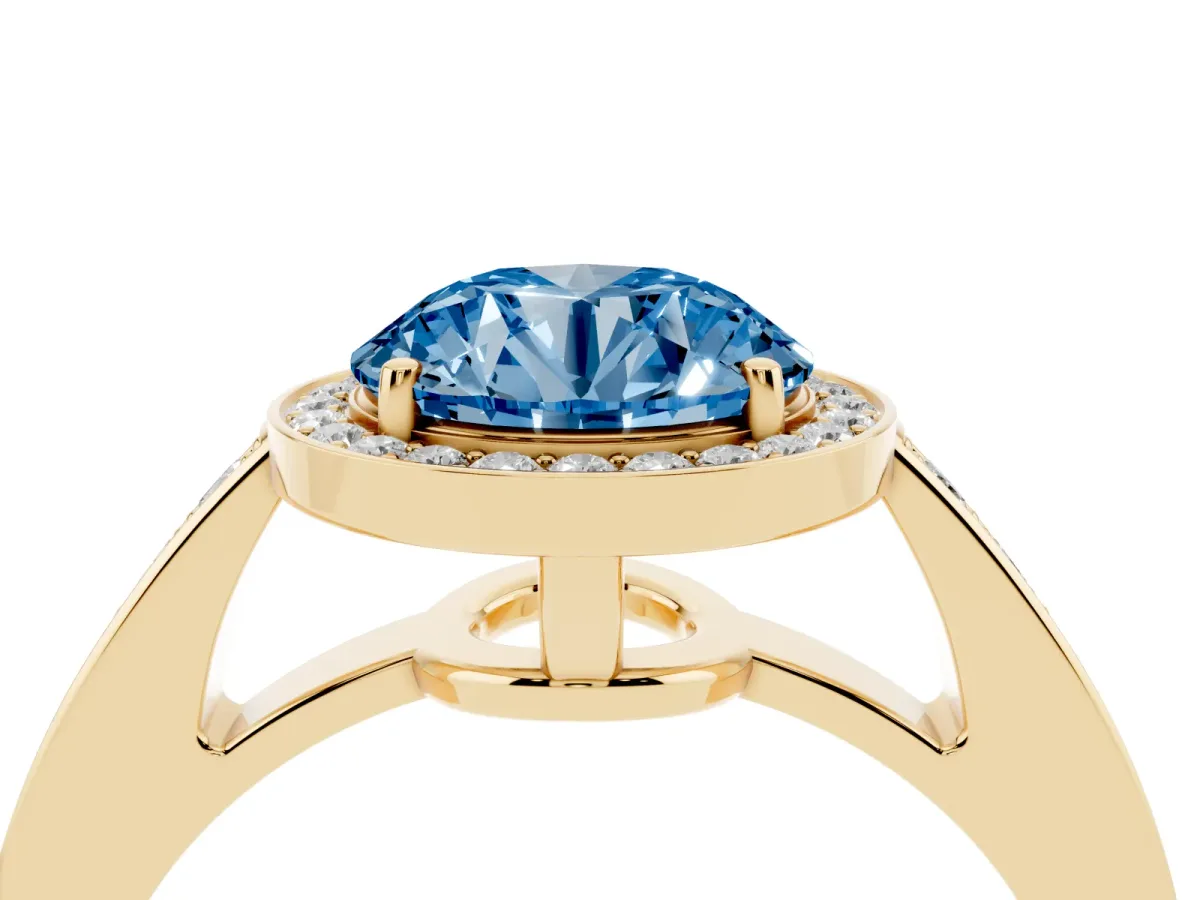 Fancy Blue Round Cut Halo Pavé Diamond Engagement Ring with Bezel Setting Yellow gold