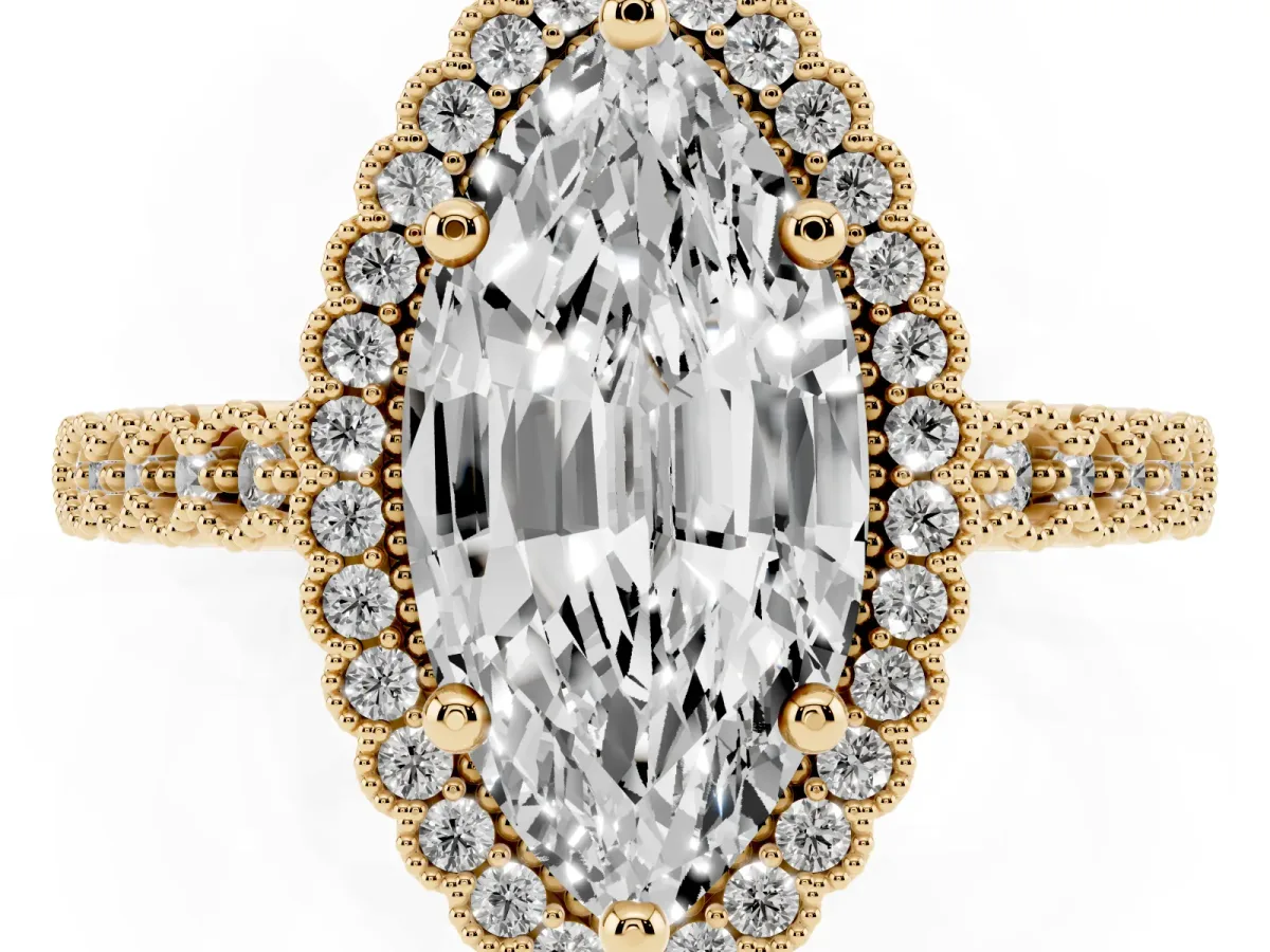 Marquise Cut Cut Halo Pavé Solitaire Ring with Milgrain Band Yellow gold