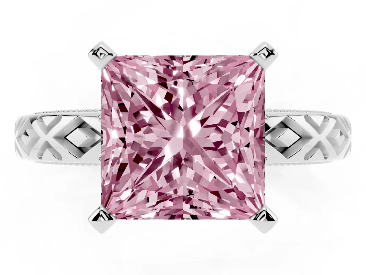 Fancy Pink Princess Cut Solitaire Diamond Ring with Milgrain and Black Enamel X Pattern Band Silver