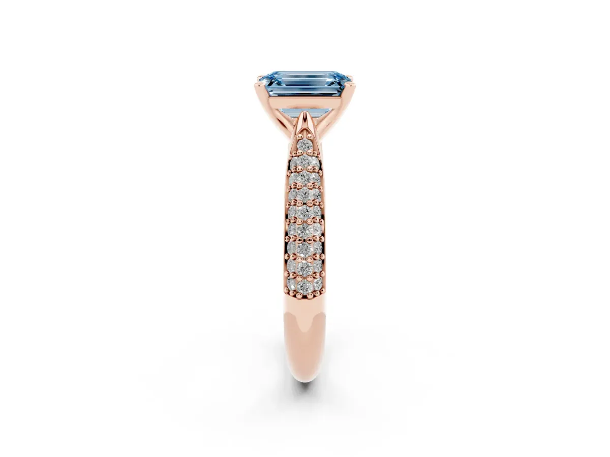 Fancy Blue Emerald Cut Diamond Solitaire Engagement Ring with Multi-Row Round Pavé Band and Prong Setting Rose gold