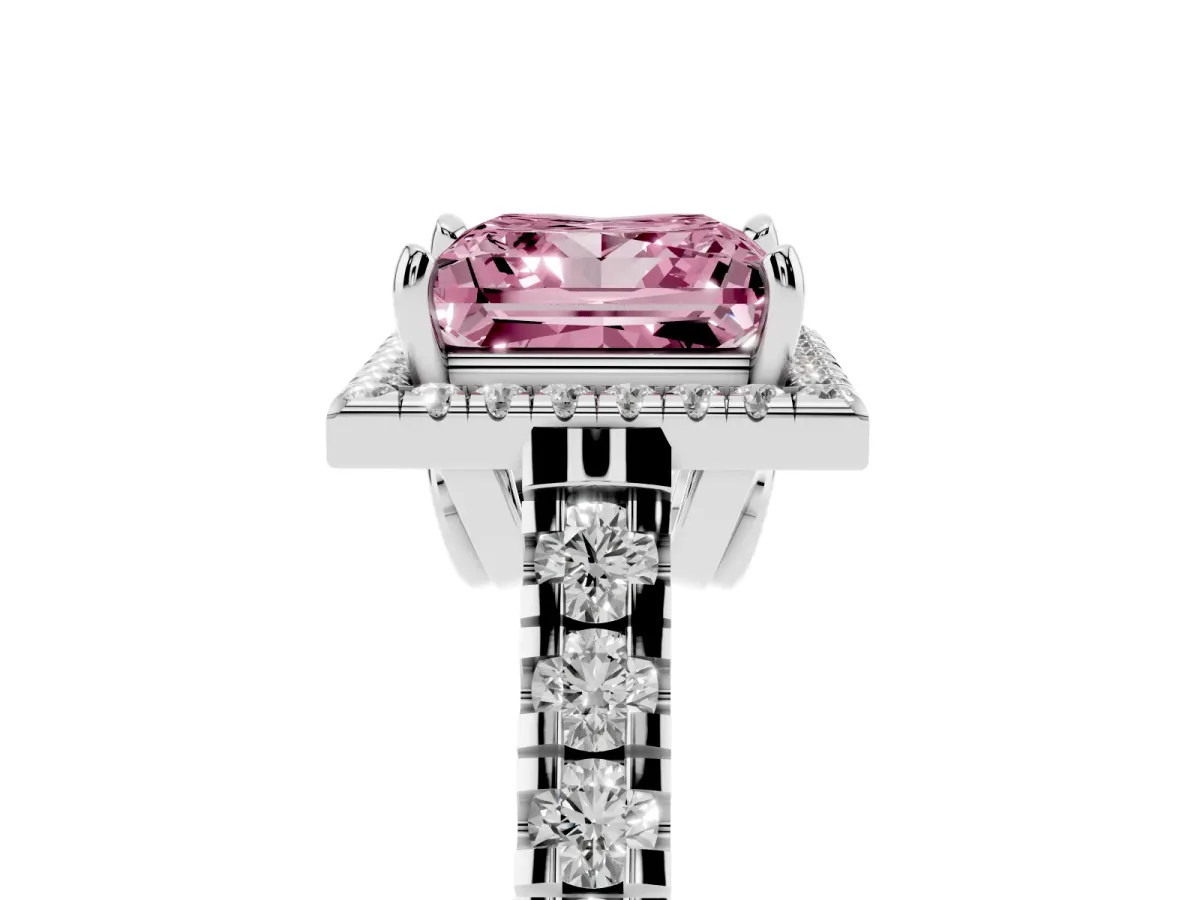 Fancy Pink Princess Cut Halo Pavé Diamond Engagement Ring with Four-Prong Setting Silver