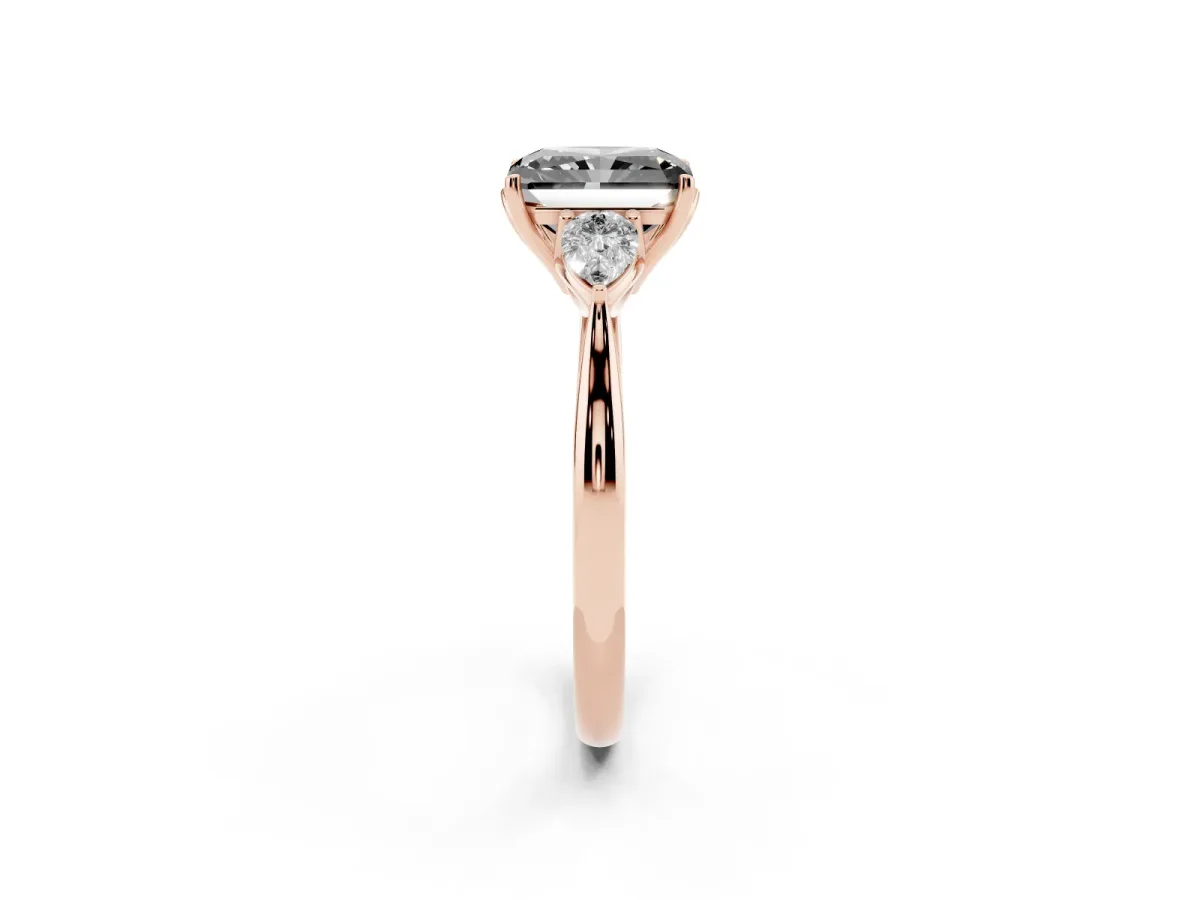 Fancy Black Three-Stone Radiant Cut Brilliant Diamond Solitaire Ring with Tapered Band and Four-Prong Setting Rose gold