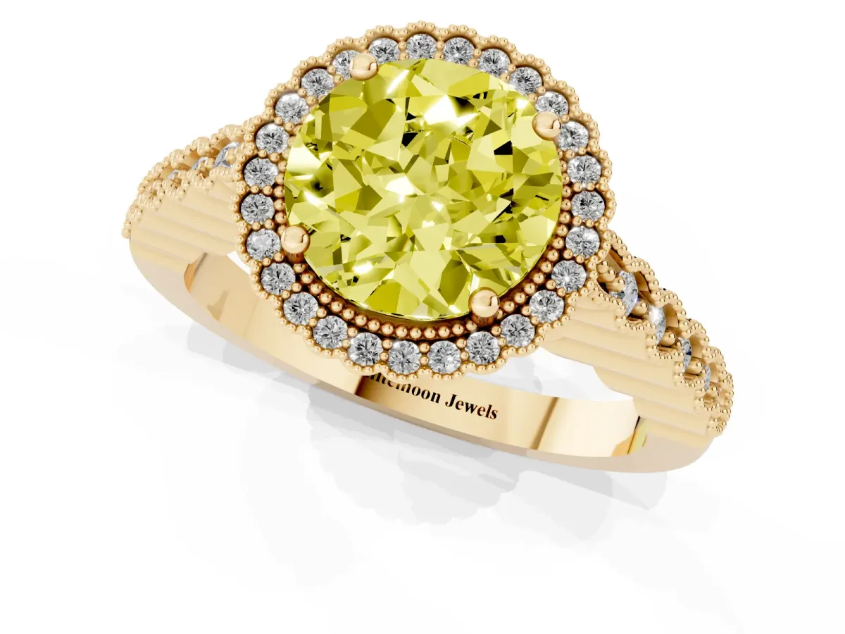 Fancy Yellow Round Cut Cut Halo Pavé Solitaire Ring with Milgrain Band Yellow gold
