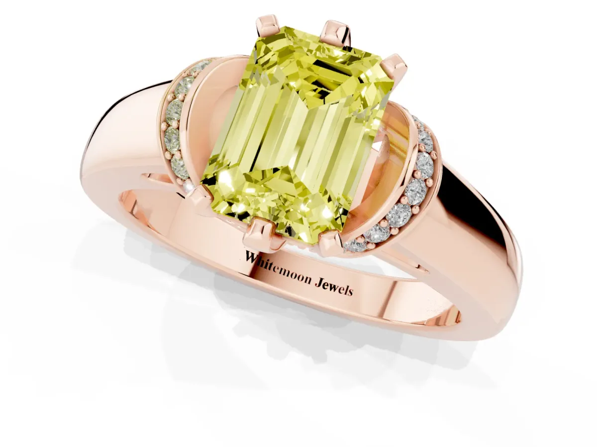 Fancy Yellow Emerald Cut Solitaire Diamond Ring with Pave Band and Six-Prong Setting Rose gold