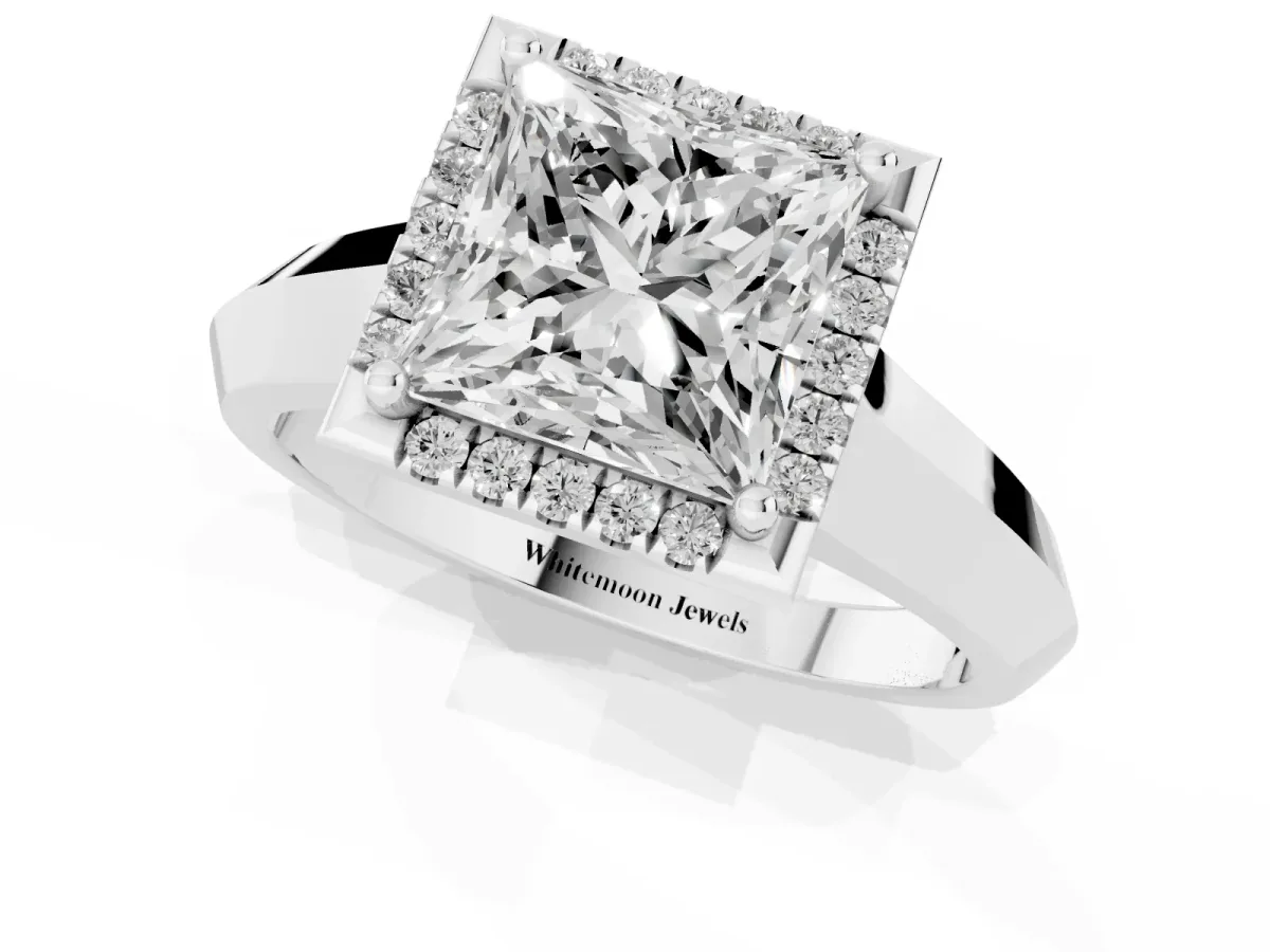 Princess Cut Halo Diamond Ring with Cathedral Band and Four-Prong Setting Silver