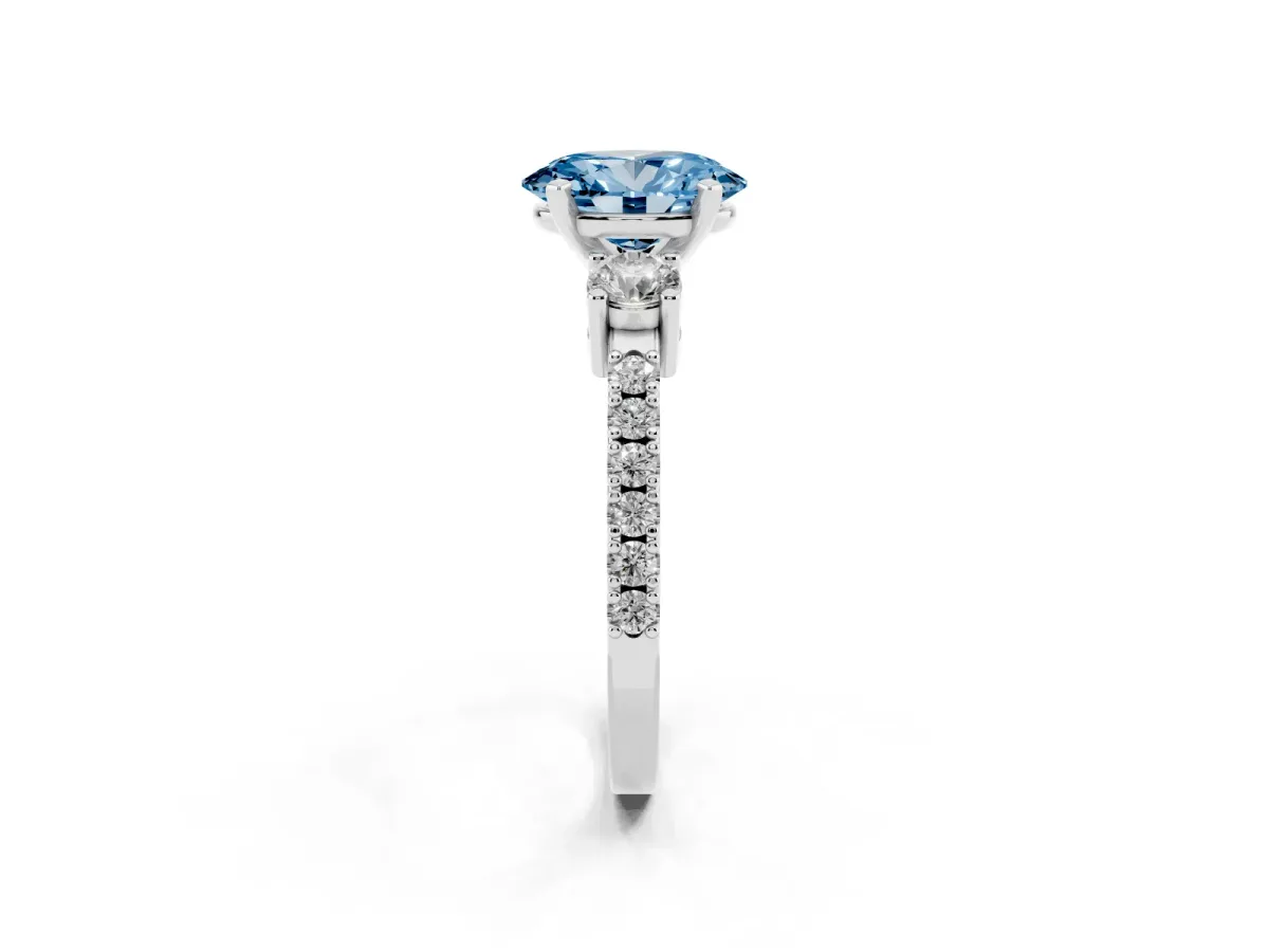 Fancy Blue Oval Cut Three-Stone Diamond Pavé Band with Prong Setting Silver