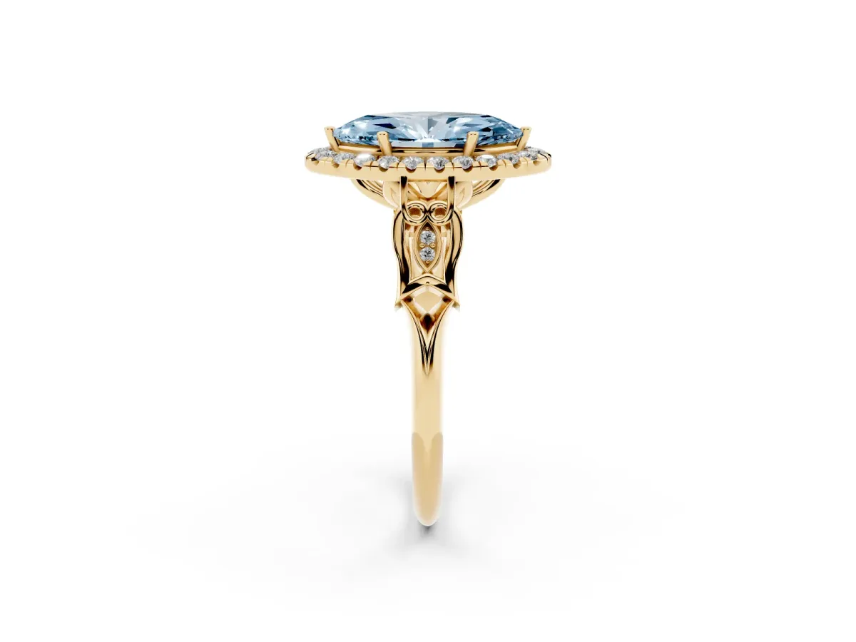 Fancy Blue Marquise Cut Halo Diamond Engagement Ring with Filigree Band and Four-Prong Setting Yellow gold