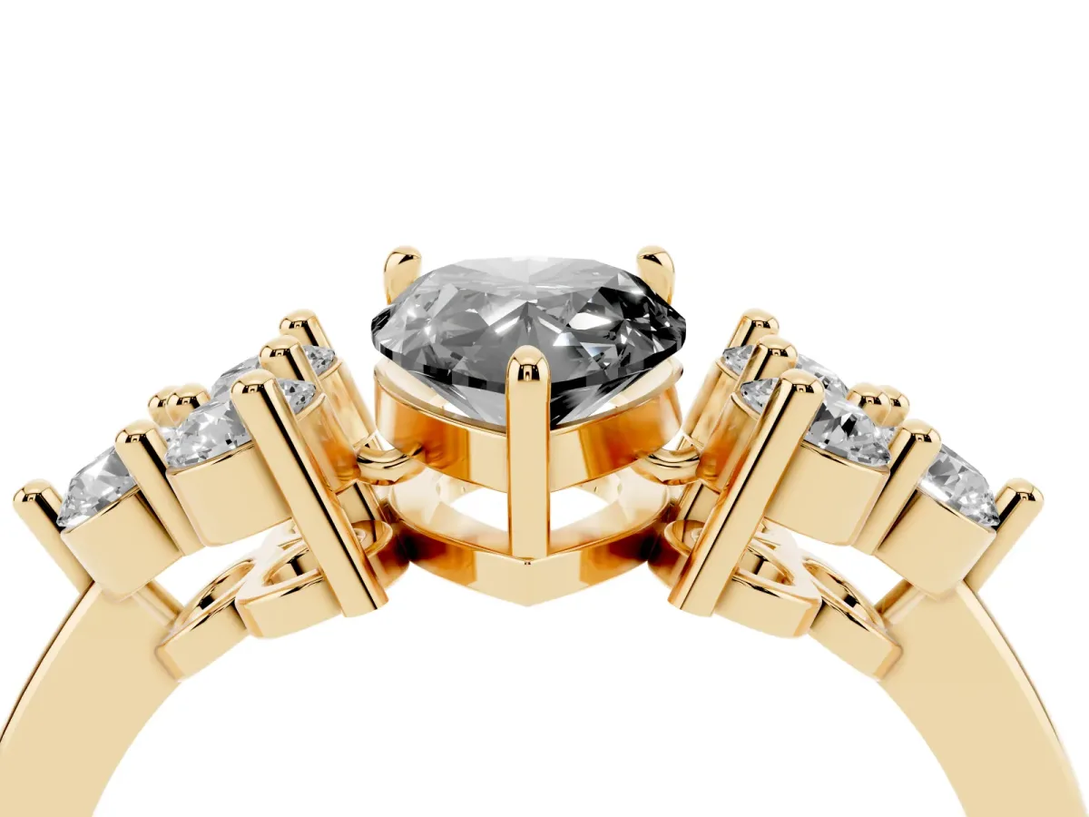 Fancy Black Pear Cut Brilliant Diamond Cluster Accent Solitaire Ring with Prong Setting Yellow gold