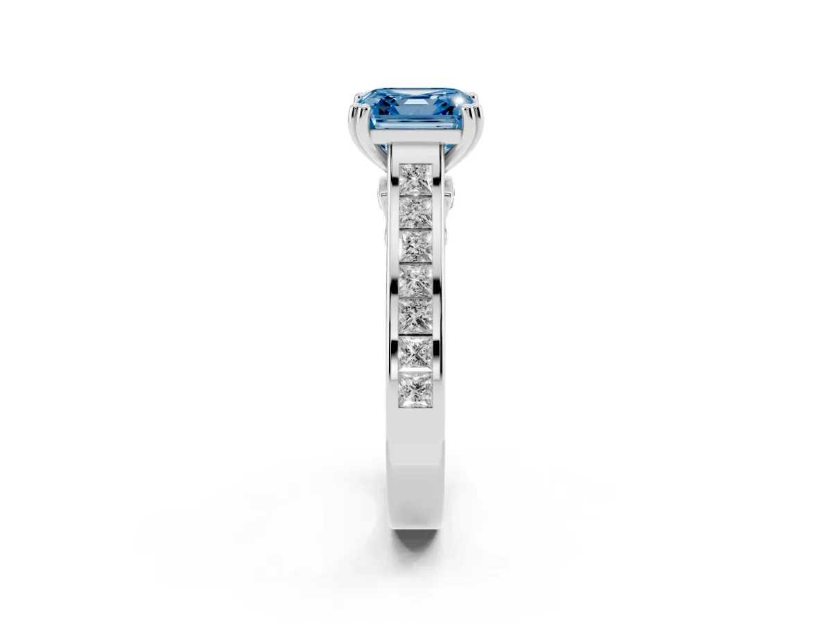 Fancy Blue Asscher Cut Cut Channel Set Solitaire Engagement Ring with Prong Setting Silver