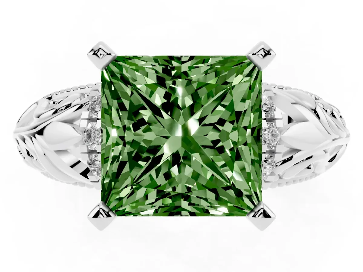 Fancy Green Princess Cut Solitaire Filigree Engagement Ring with Halo and Prong Setting Silver