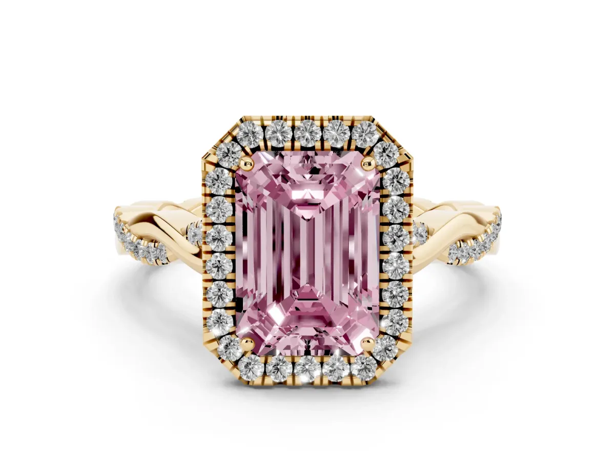 Fancy Pink Emerald Cut Halo Twist Band Solitaire Ring Yellow gold