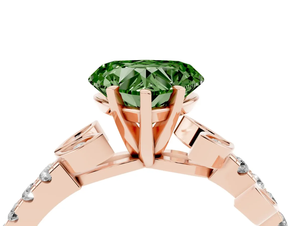 Fancy Green Heart Cut Solitaire Leaf-Inspired Diamond Ring with Pavé Band and Four-Prong Setting Rose gold