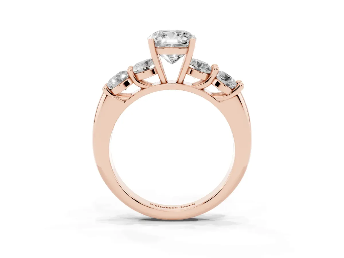 Cushion Cut Cut Five-Stone Prong Set Diamond Ring with Classic Band Rose gold
