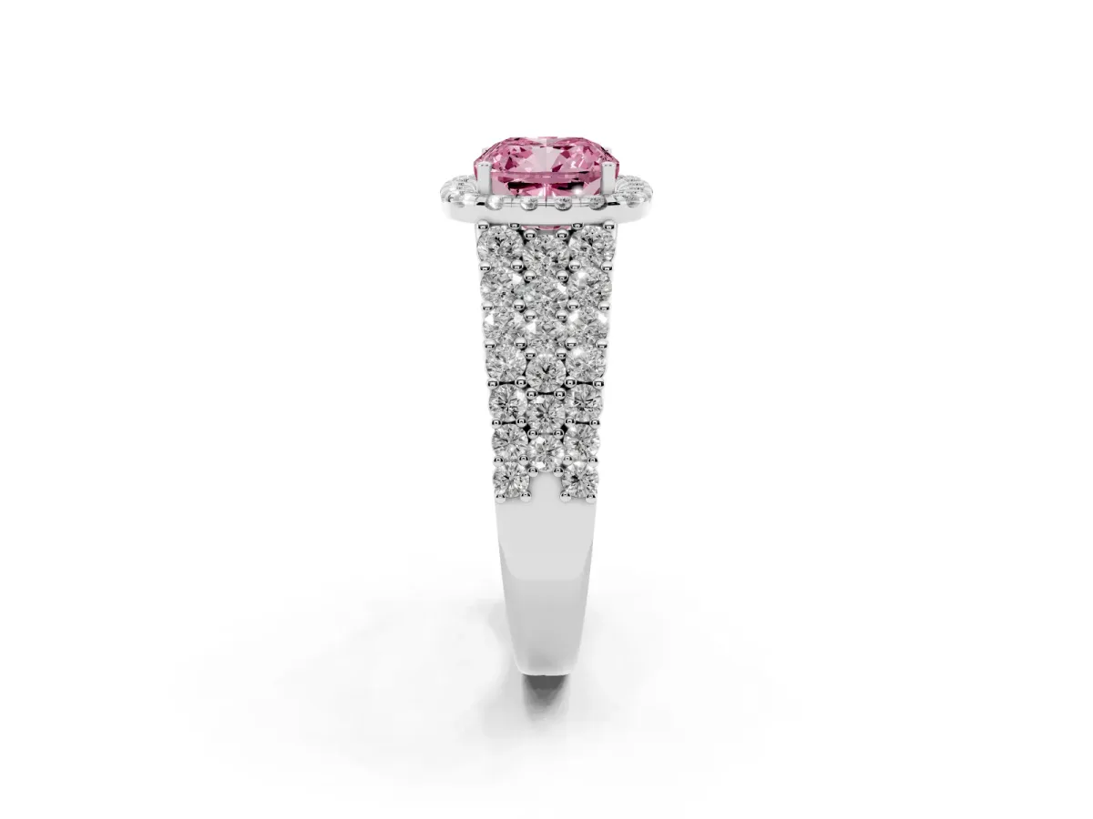 Fancy Pink Cushion Cut Diamond Halo Engagement Ring with Triple Row Round Pavé Band and Prong Setting Platinum