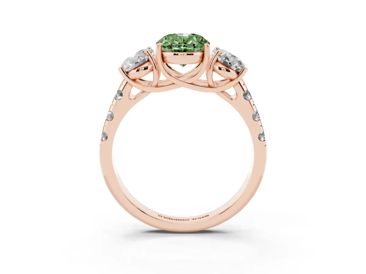 Fancy Green Three-Stone Oval Cut Diamond Pavé Band with Prong Setting Rose gold