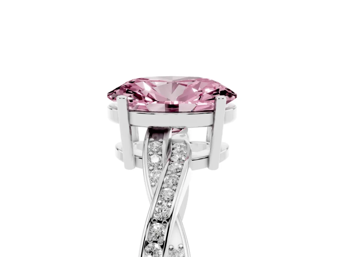 Fancy Pink Oval Cut Solitaire Twisted Pave Diamond Ring with Four-Prong Setting White gold