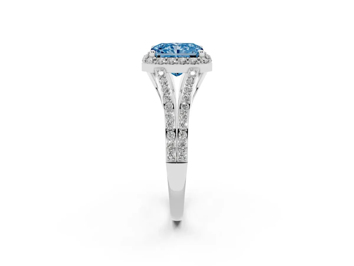 Fancy Blue Radiant Cut Halo Split Shank Diamond Ring with Prong Setting Silver
